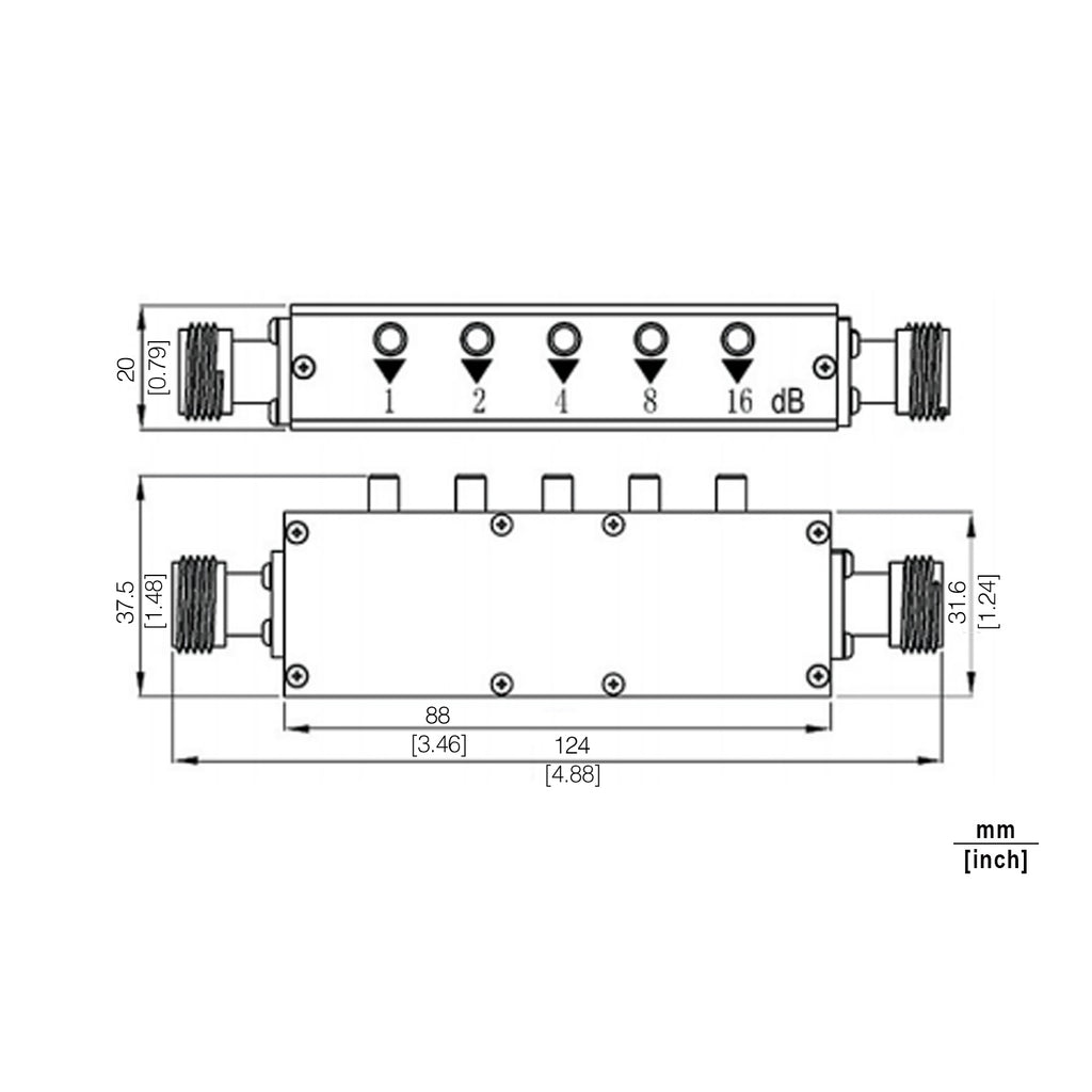N Push Button Step Attenuator, ASP3N2-30-1 DC-3GHz, 2W, 0-30dB, Unidirectional