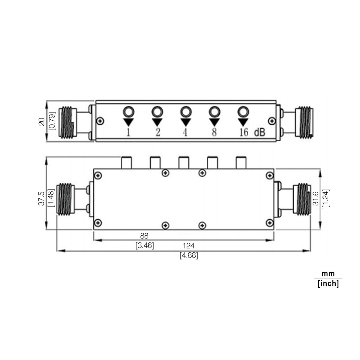 N Push Button Step Attenuator, ASP3N2-30-1 DC-3GHz, 2W, 0-30dB, Unidirectional