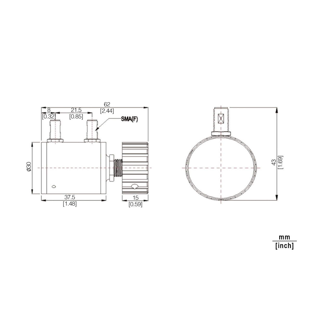SMA Dial Step Attenuator, AS6S5-90-10 DC-6 GHz, 5W, 0-90dB, Bidirectional, Round